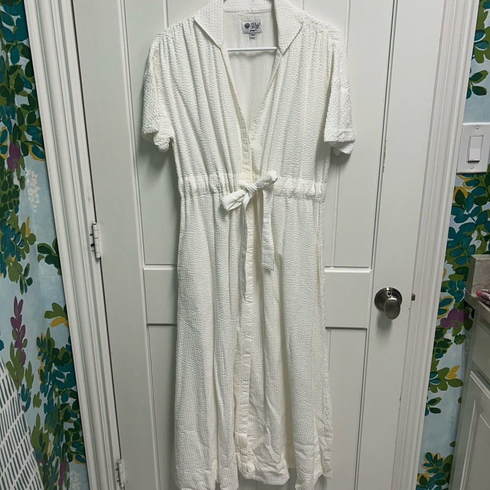 White Textured Midi Dress with Tie Waist